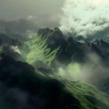 Green mountain range. Landscape of misty mountains. High quality illustration