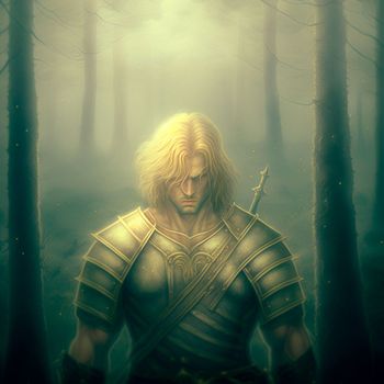 A male warrior in a mysterious misty forest. High quality photo