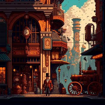 Cartoon image of a steampunk city stylized as pixelart. High quality illustration