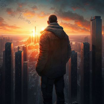 a man on top of skyscrapers looking at the city in the sunset rays. High quality illustration