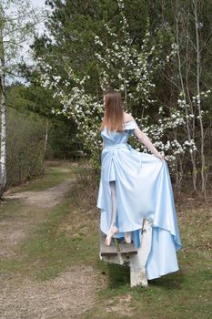 beautiful ballerina in a blue wedding dress on the background of a forest lake,a green flowering lawn in early spring, fashion style. High quality photo