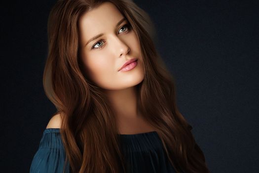 Beauty, makeup and skincare, face portrait of beautiful woman with long hairstyle on black background for luxury cosmetics, wellness or glamour fashion look