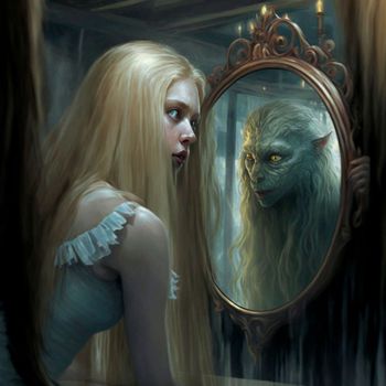 he girl sees a monster in the mirror instead of her reflection. High quality illustration