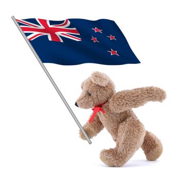 A New Zealand flag being carried by a cute teddy bear