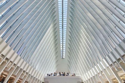 Image of Skylights and white ribs with overlook for tourists inside clean modern subway terminal of New York City