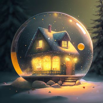 a small house with glowing windows in a glass ball, a New Year's exposition, a toy. High quality illustration