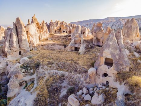 Beautiful stunning view of the mountains of Cappadocia and cave houses. Turkey.