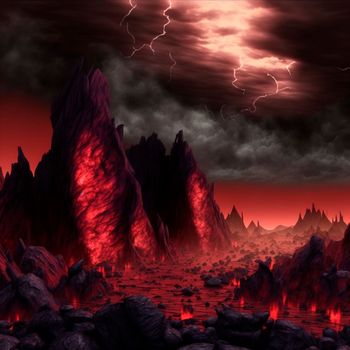 Red mountains, flashes and cracks on the surface. Gloomy sky. Magma and lava spread over the mountains. Lava world collection. High quality illustration