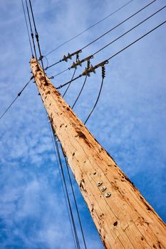 Image of Looking up at light brown telephone pole with blue sky and numbers 5 9 6 on it