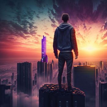 a man on top of skyscrapers looking at the city in the sunset rays. High quality illustration