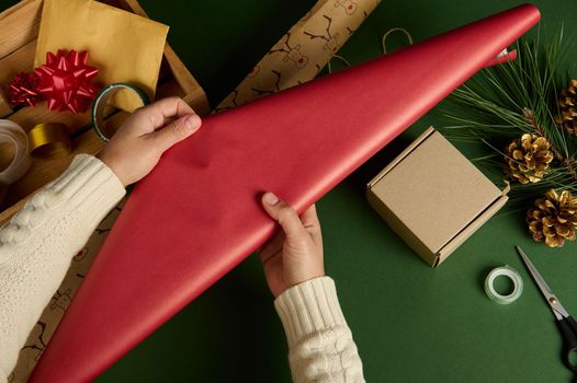 Top view woman's hands rolling out a red decorative wrapping gift paper above a green background with golden pine cones and fir-tree branch. Packing presents. Christmas preparations. Xmas Handwork art