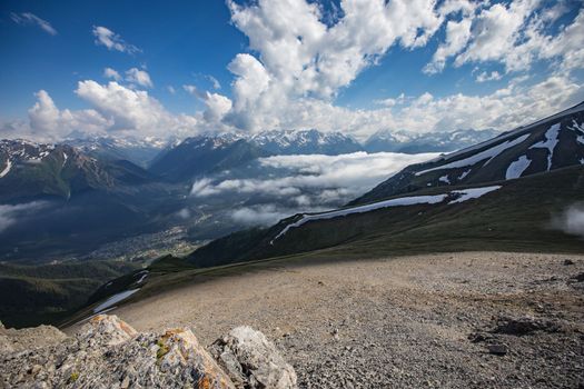 Fabulous magnificent view of Caucasus Mountains and sky. High quality photo