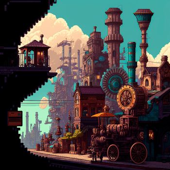 Cartoon image of a steampunk city stylized as pixelart. High quality illustration