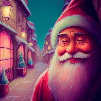 Image of Santa on the background of a town decorated for Christmas. High quality illustration
