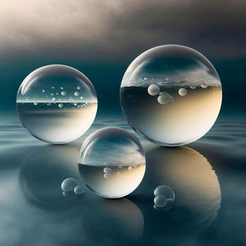 Transparent water spheres against a stunning backdrop of mountains and water. Reflection of the landscape and elements inside the spheres. High quality illustration