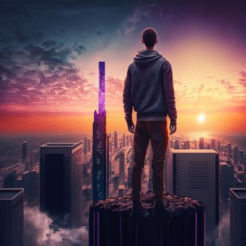 a man on top of skyscrapers looking at the city in the sunset rays. High quality illustration