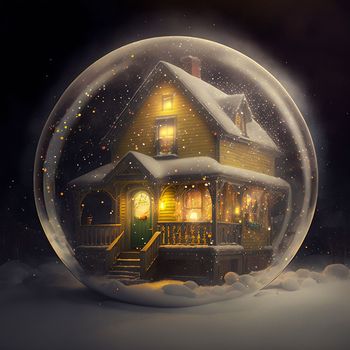 a small house with glowing windows in a glass ball, a New Year's exposition, a toy. High quality illustration