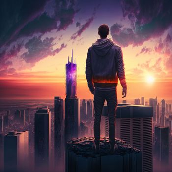 a man on top of skyscrapers looking at the city in the sunset rays. High quality illustration