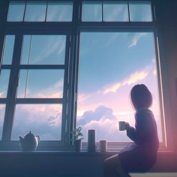 Girl with a cup of hot tea by the window in anime style. High quality illustration