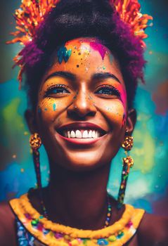 Splendid digital art generative AI portrait of beautiful young girl smiling covered in colorful dust from the Holi festival. Portrait of ebony Brazilian with vivid and vibrant color splashing.