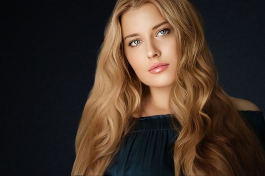 Beauty, makeup and skincare, face portrait of beautiful woman with long hairstyle on black background for luxury cosmetics, wellness or glamour fashion look