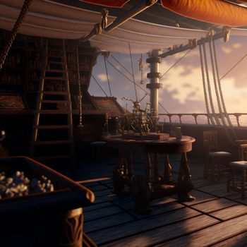 view from the deck of a ship with masts and sails.High auality illustration