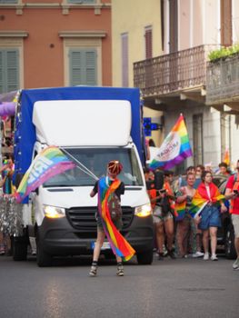 Cremona Pride, a rainbow city. The streets crowded with people celebrating on the day dedicated to claiming the rights of the LGBTQIA community.