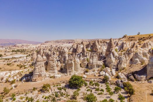 Unique geological formations in Love Valley in Cappadocia, popular travel destination in Turkey.