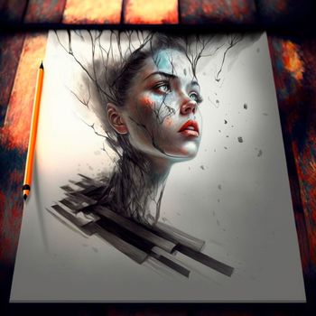 Girl's face. beautiful 3d sketch with colored elements. The drawing goes off the paper. High quality illustration