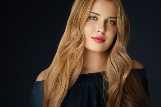 Beauty, makeup and skincare, face portrait of beautiful woman with long hairstyle on black background for luxury cosmetics, wellness or glamour fashion look