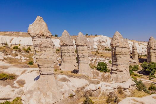 Unique geological formations in Love Valley in Cappadocia, popular travel destination in Turkey.