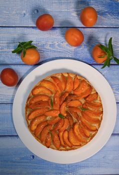 Recipe for apricot tart, sandy paste, almond cream, verbena decoration. High quality photo