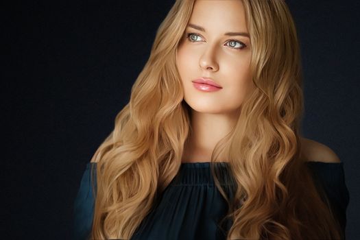 Beauty, makeup and skincare, face portrait of beautiful woman with long hairstyle on black background for luxury cosmetics, wellness or glamour fashion look