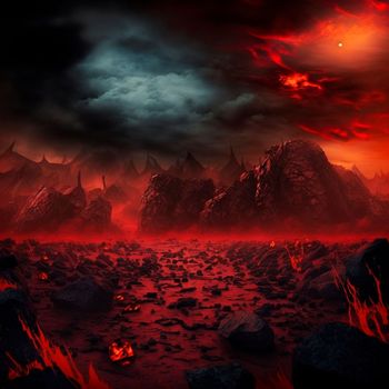 Red mountains, flashes and cracks on the surface. Gloomy sky. Magma and lava spread over the mountains. Lava world collection. High quality illustration