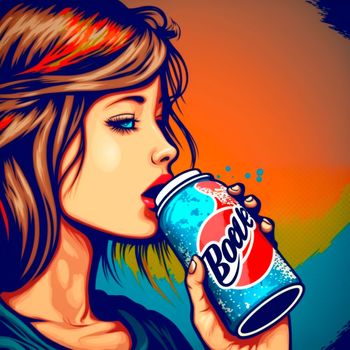 Girl drinks from a can in pop art style. High quality illustration