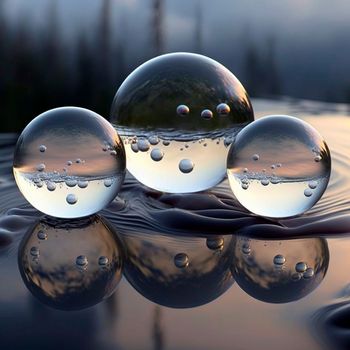 Transparent water spheres against a stunning backdrop of mountains and water. Reflection of the landscape and elements inside the spheres. High quality illustration