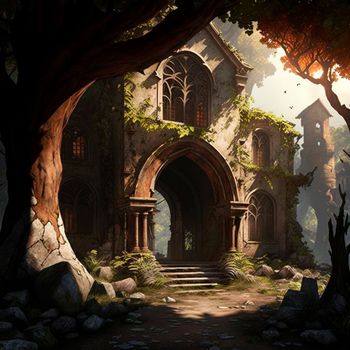 mysterious ruins in the forest. High quality illustration