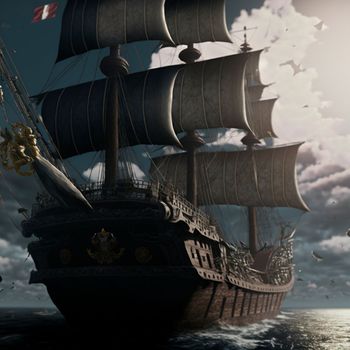 view from the deck of a ship with masts and sails.High auality illustration