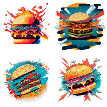 A selection of stickers in the form of colorful exploding burgers burgers in the style of pop art