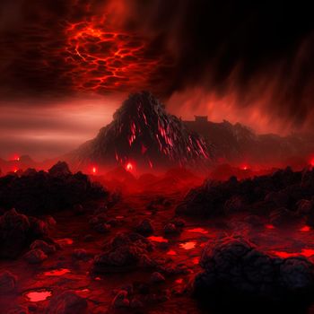 Red mountains, flashes and cracks on the surface. Gloomy sky. Magma and lava spread over the mountains. Lava world collection. High quality illustration