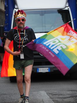 Cremona Pride, a rainbow city. The streets crowded with people celebrating on the day dedicated to claiming the rights of the LGBTQIA community.