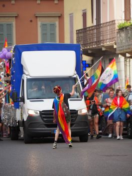 Cremona Pride, a rainbow city. The streets crowded with people celebrating on the day dedicated to claiming the rights of the LGBTQIA community.