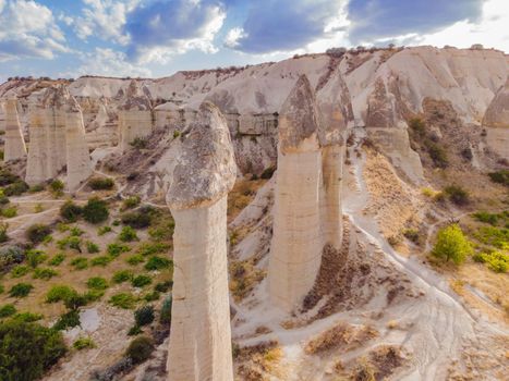 Unique geological formations in Love Valley in Cappadocia, popular travel destination in Turkey.