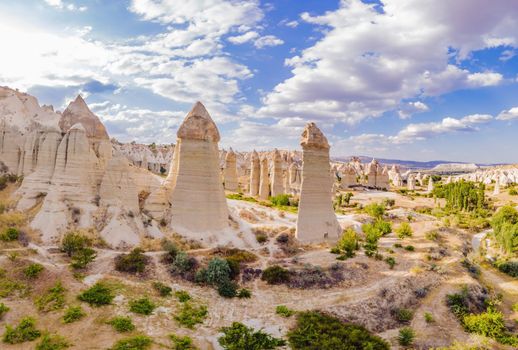 Unique geological formations in Love Valley in Cappadocia, popular travel destination in Turkey.