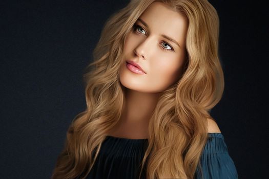 Beauty, makeup and skincare, face portrait of beautiful woman with long hairstyle on black background for luxury cosmetics, wellness or glamour fashion look