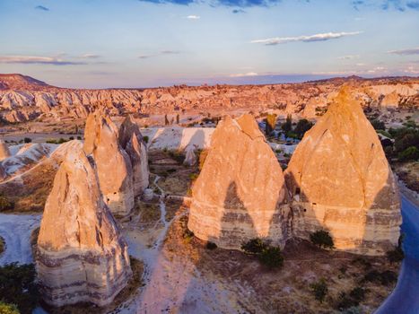 Beautiful stunning view of the mountains of Cappadocia and cave houses. Turkey.