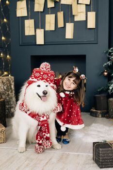 Charming little girl with dog samoyed retriever are waiting for the New Year at home, smiling and looking at camera near christmas tree in beautiful interior. Merry Christmas and Happy New Year