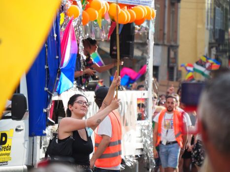 Cremona Pride, a rainbow city. The streets crowded with people celebrating on the day dedicated to claiming the rights of the LGBTQIA community.