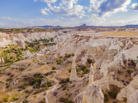 Unique geological formations in Love Valley in Cappadocia, popular travel destination in Turkey.