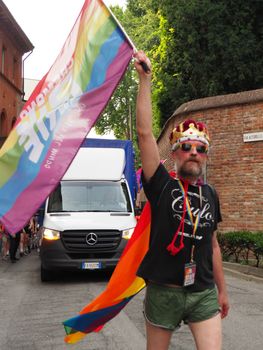 Cremona Pride, a rainbow city. The streets crowded with people celebrating on the day dedicated to claiming the rights of the LGBTQIA community.